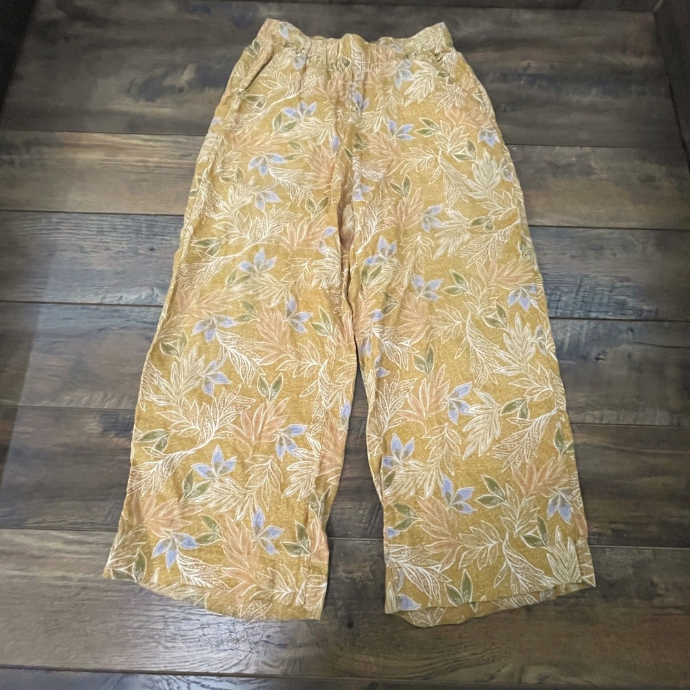 Cynthia Rowley Mustard Yellow Floral 100% Linen Wide Leg Pants S Vacation Boho